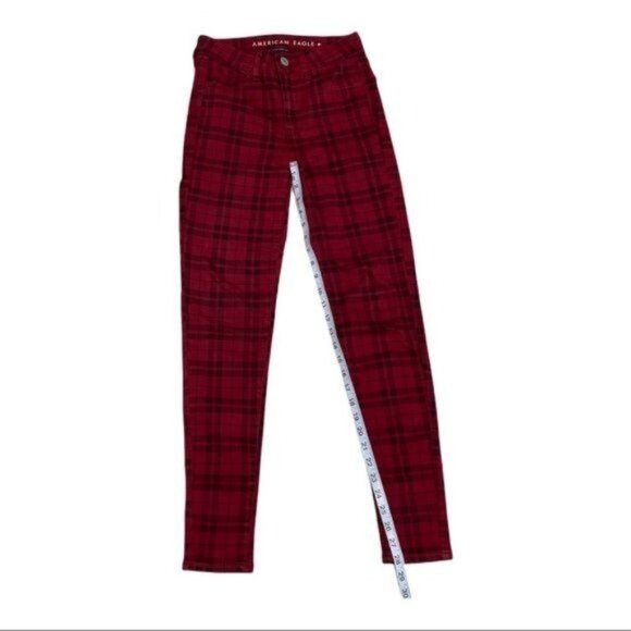 American Eagle Plaid Red/ Black Next Level Stretch Jeans Size 2 - Picture 9 of 12